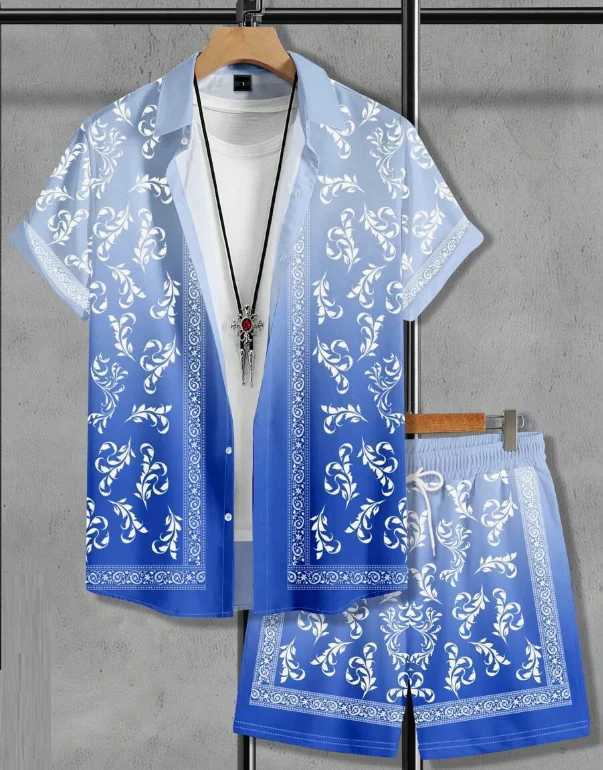 Hawaiian Shirt Set Men 3D Printed Retro Pattern Summer Fashion Casual Luxury Daily Oversized Button-up Shirt+shorts 2 Piece SetXJ250218