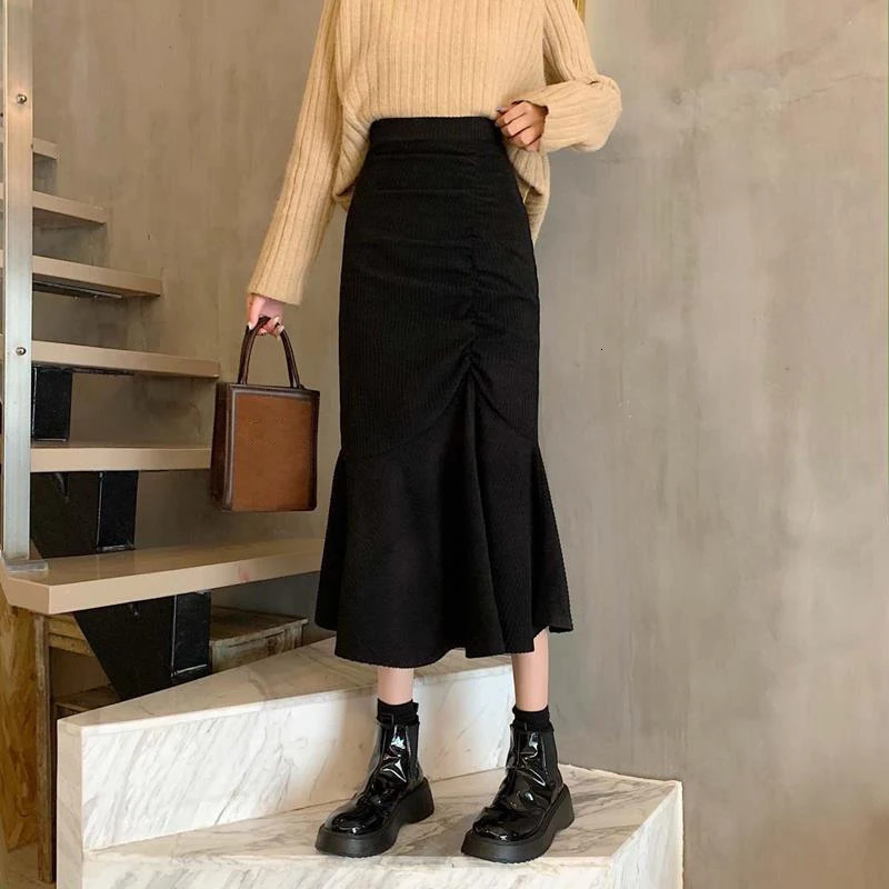 Lucyever Fashion High Waist Midi Skirts for Women Spring Slim Fit Hip Mermaid Skirt Woman Korean Ruffles Brown 2XL 250213
