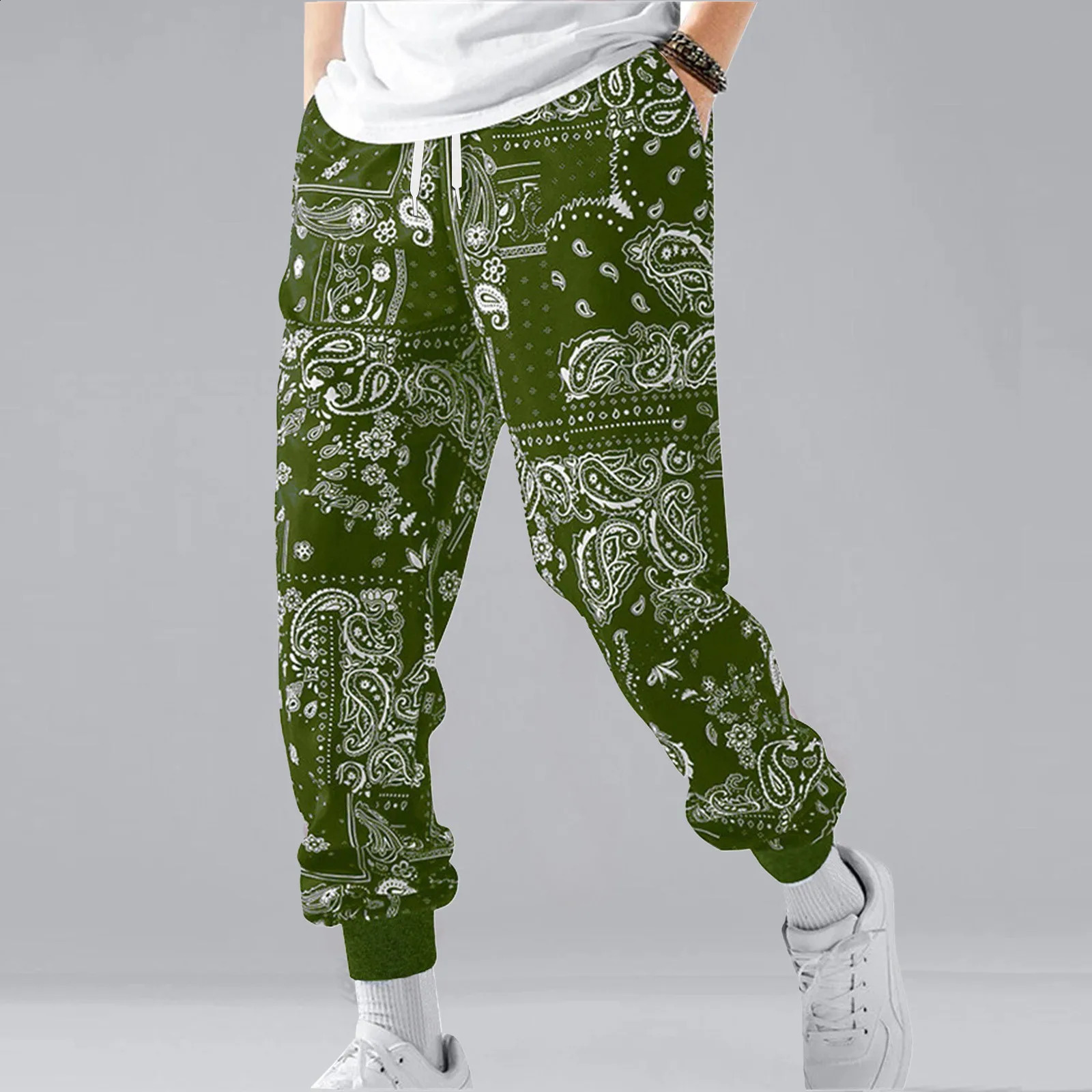 Retro Print Long Sweatpants Mens Elasticated Waist Casual Trousers Drawstring Pockets Autumn Winter Jogger Trousers Mens 250214