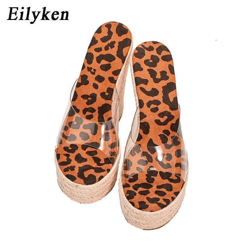 PVC Transparent Peep Toe Leopard Grain Platform Wedges Slippers Sandals Women Fashion High Heels Female Shoes