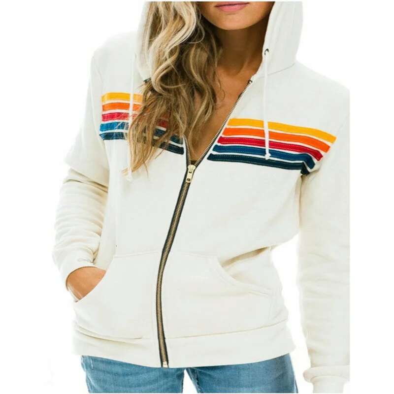 2025 Women Men Zipper Rainbow Long Sleeve Hooded Sweatershirt Haruku Elastic Hip Hop 5 Stripe Hoodies Jacket