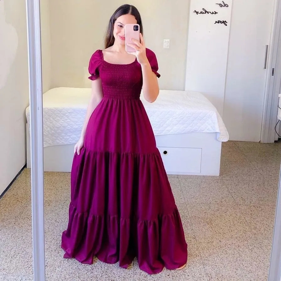 Spring Summer Women Closing Solid Color Square Collar Short Sleeve Long Dress Vestidos Largos vestidos verano moda 250218