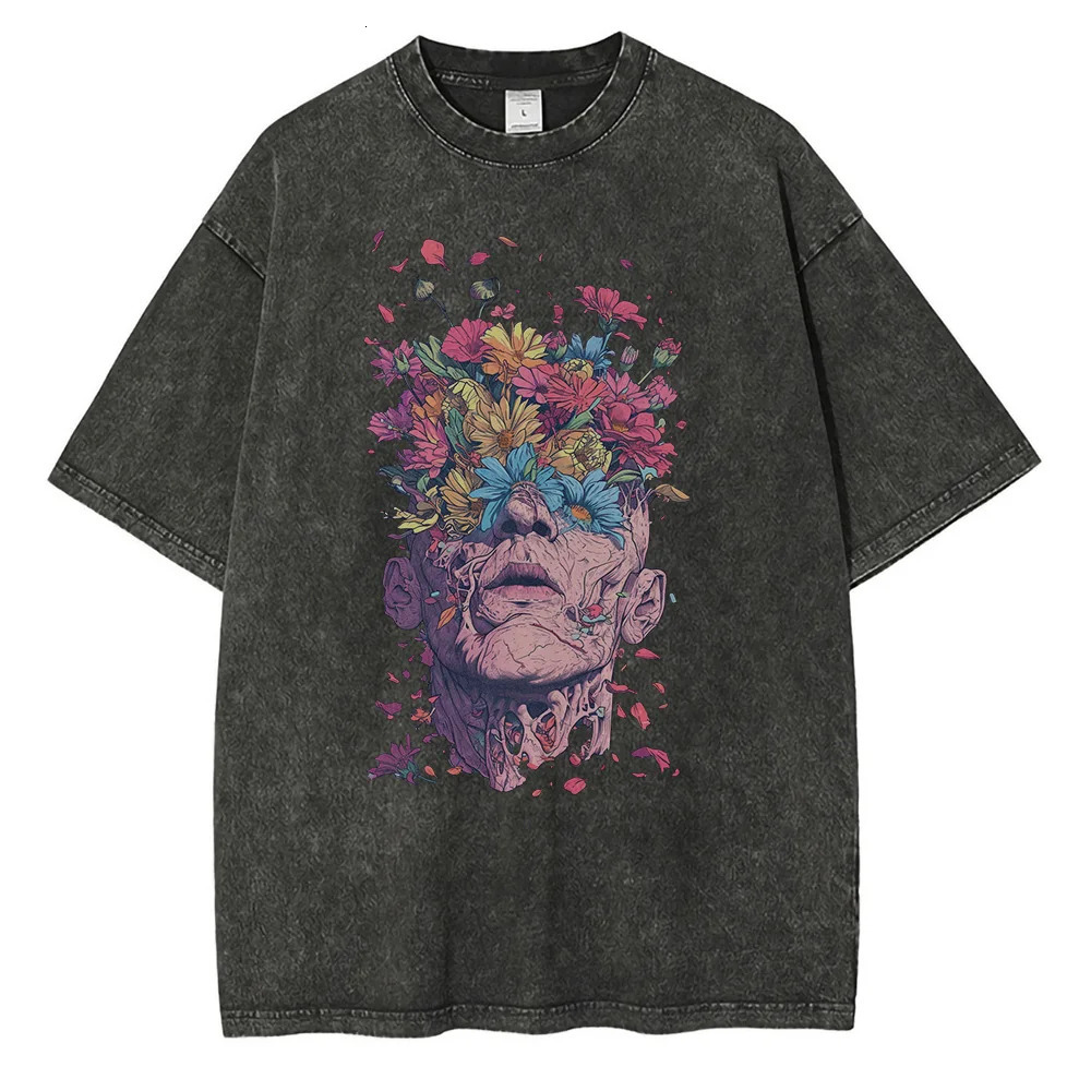 Heavyweight Pure Cotton T Shirts Flowers Emerging Out of Human Eyes and Heads Graphic T-shirts Vintage Van Gogh Style Mens Tops 250217