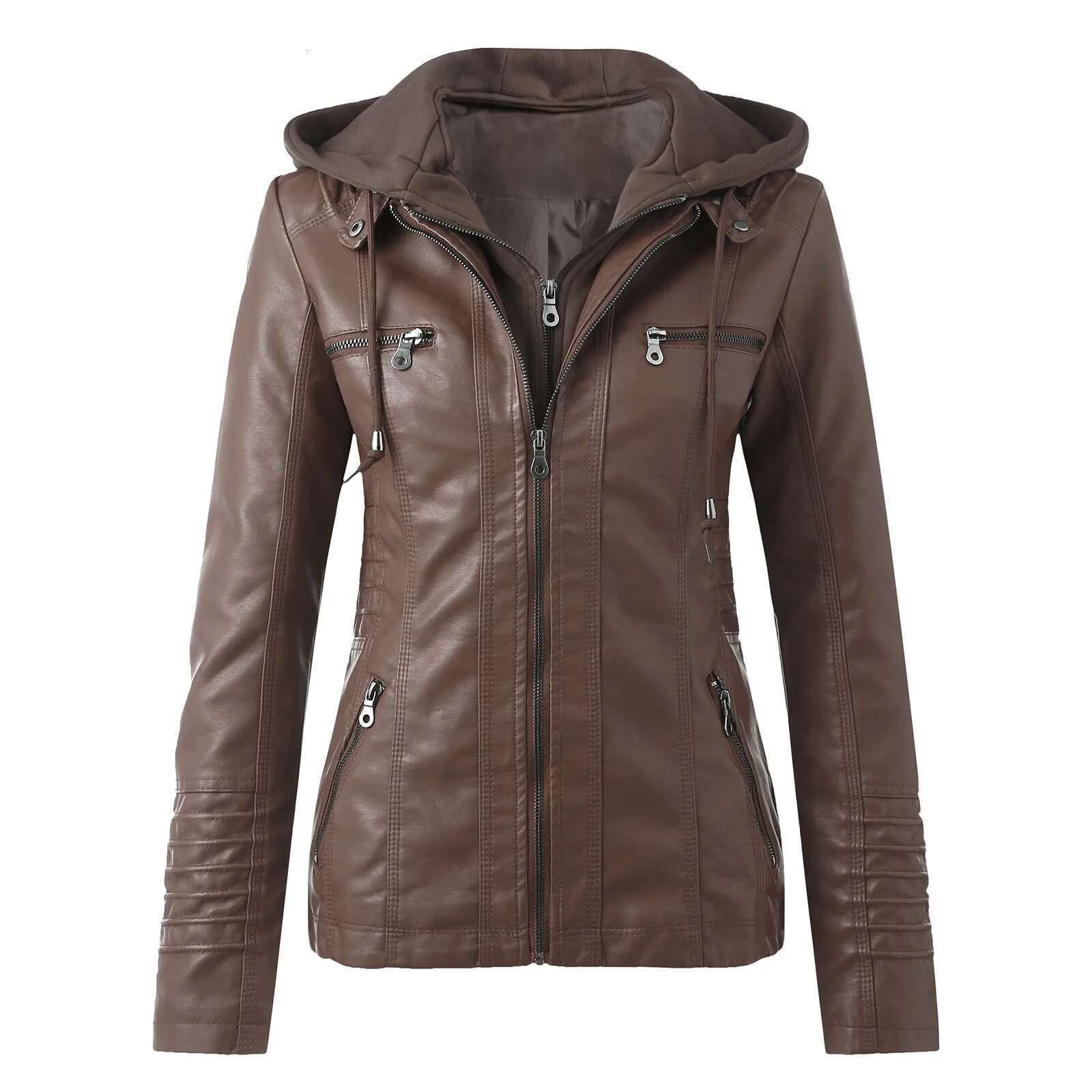 PU Women's Slim Fit Leather Hooded Zip Up Motorcycle Biker Coat Jacket Tops Long Sleeved Streetwear Clothe Autumn Winter