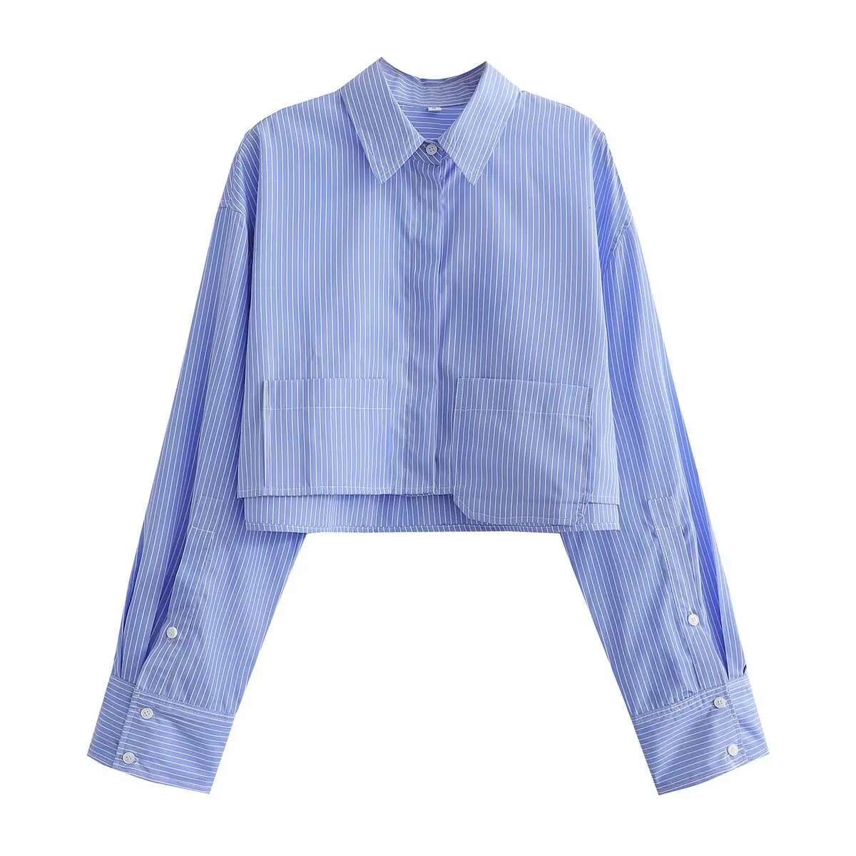 Striped For Summer Crop Top Female Long Sleeve Oversize And Blouses Women Pockets Button Up Shirts