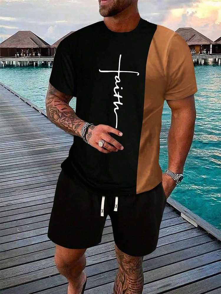Cross Print Mens Crew Neck Short Sleeve Crew Neck Top And Shorts Urban Street Fashion Short Sleeve Top Outdoor Drawstring ShortXJ250218