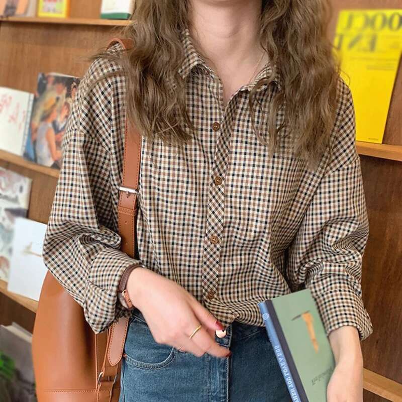 Fashion Women Shirts Retro Coffee Plaid Loose Casual And Versatile Long-Sleeve Spring Autumn Commuting