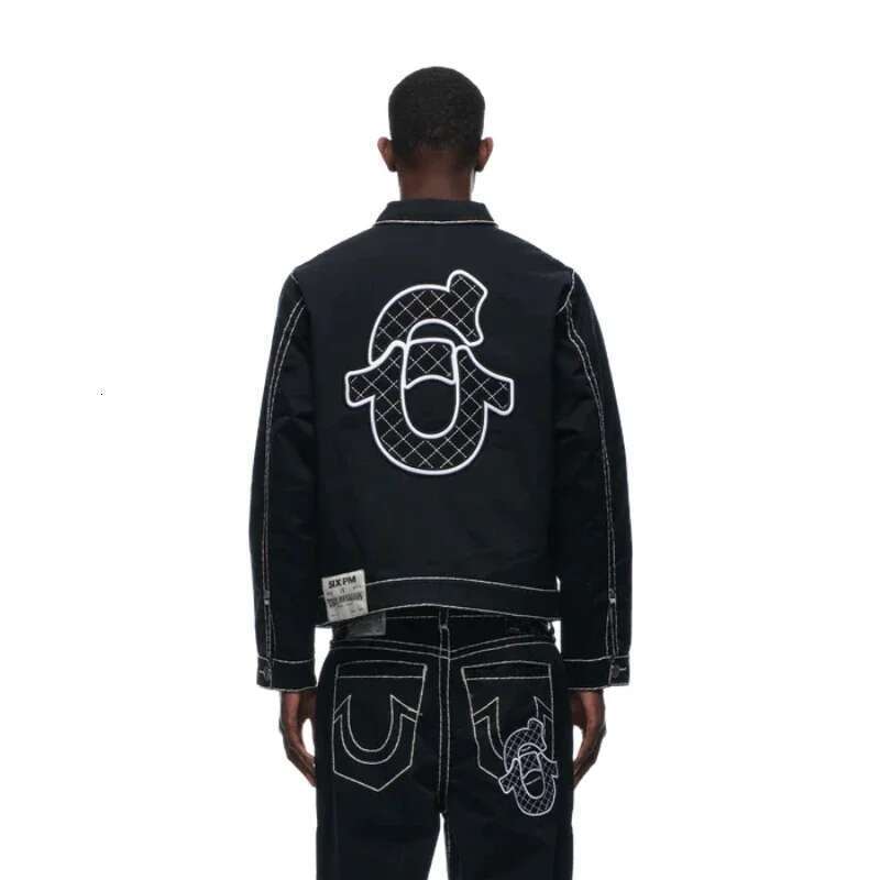 Hip hop letter embroidered jacket jeans two-piece set Y2K streetwear men's and women's sportswear retro loose leather bicycle punk jacket se
