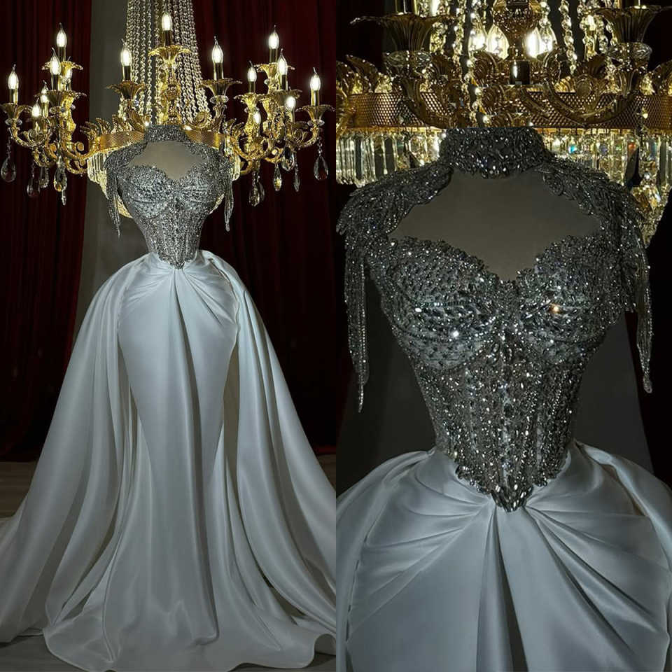 Mermaid Wedding Dress High Collar Sleeveless Bridal Gowns Crystal Appliques Detachable Train Dresses Custom Made vestidos de novia