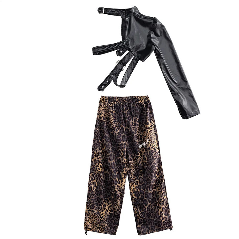 Chidren Summer Girls costume hip hop costume cotton black short sleeve crop shirt A-line pants 2 piece jazz costume set 250218