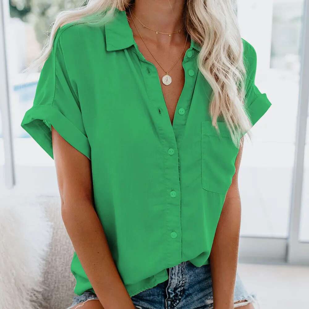 Summer Office Lady Solid Tops And Blouses Casual Turn-Drow Collar T Shirt For Women Elegant Short Sleeve Loose Blouse Tee