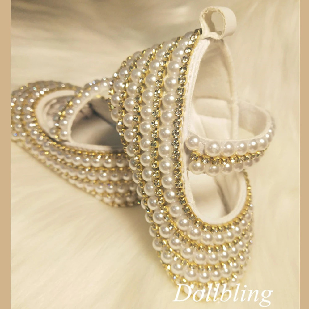 Dollbling Princess Girl Off-white Pearls Ordinal Rhinestone Comfortable Soft Cotton Inner Hook and Loop Toddler Crib Shoes 250219