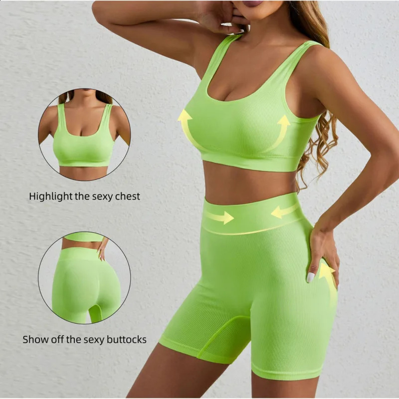 Yoga Sets Womens Outfits Peach Hip Lifting Suit Neck Hanging Sports Bra Shockproof Quick Drying Shorts Set Female Tracksuit 250219