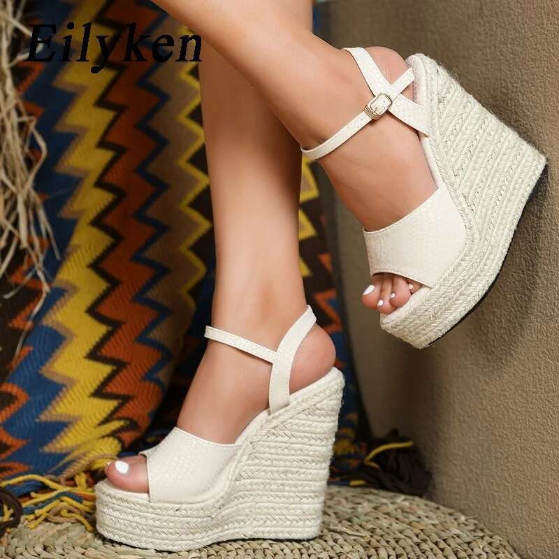 Design Style Weave Platform Wedge Heels Sandals Fashion Open Toe Buckle Strap Women Banquet Party Pumps Shoes