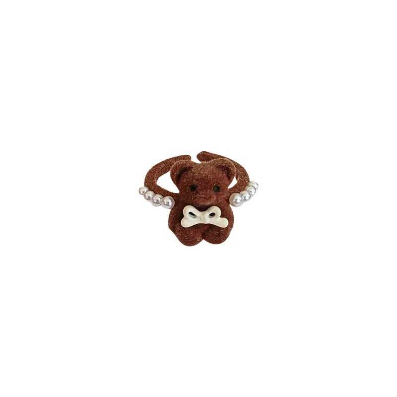 Cute Sweet Brown Plush Little Bear Rings for Women Girls Fashion Imitation Pearl Bow Opening Rings Good Friend Jewelry GiftsXJ250219