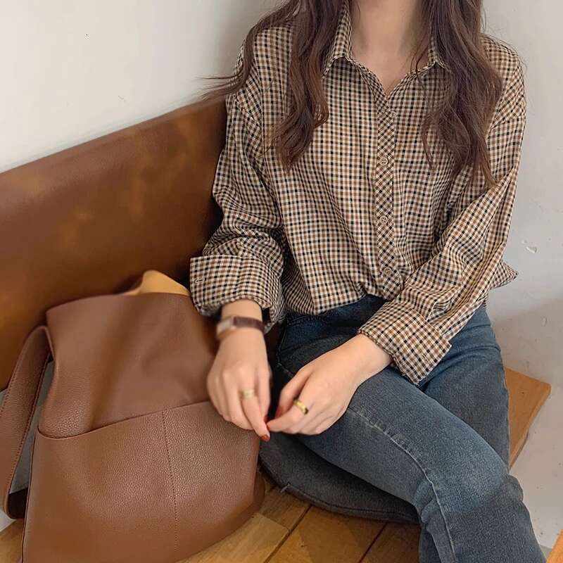 Fashion Women Shirts Retro Coffee Plaid Loose Casual And Versatile Long-Sleeve Spring Autumn Commuting