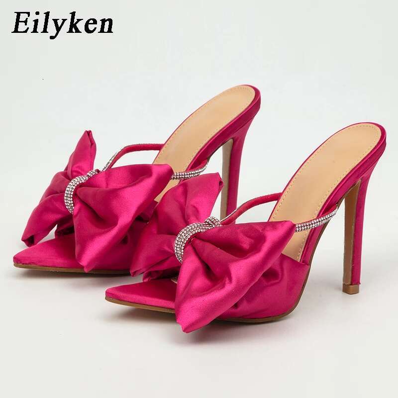 Eilyken Silk CRYSTAL Butterfly-Knot Mule High Heels Slippers Sandals Pointed Toe Strappy Slides Party Women Shoes