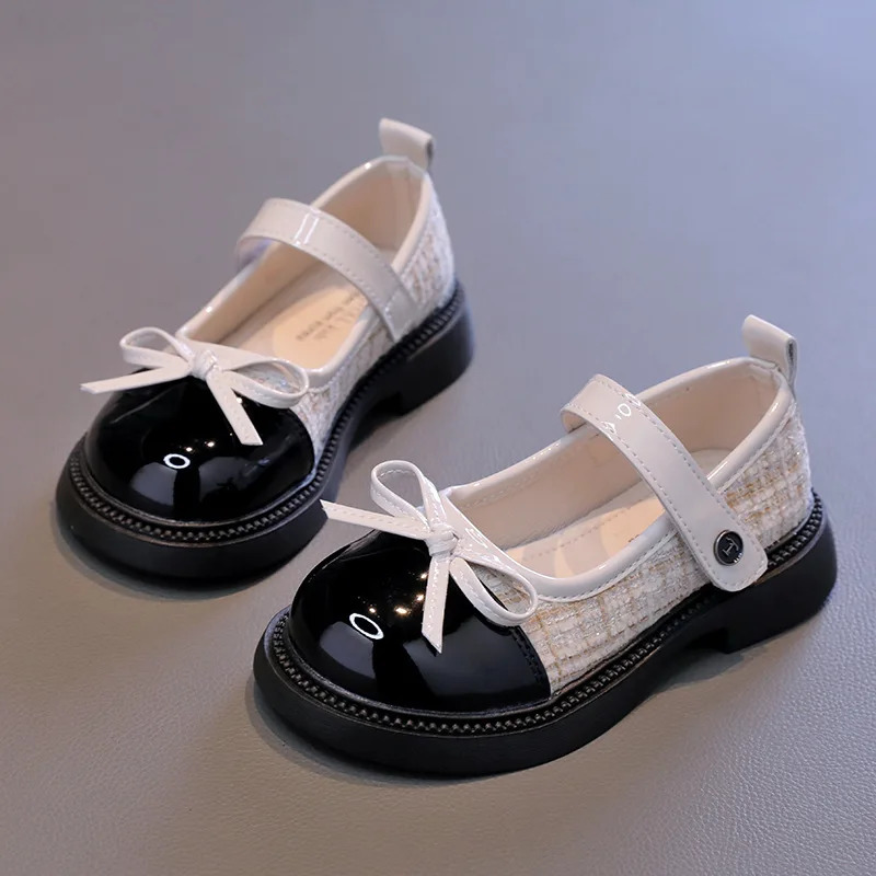 Girls Patchwork Black Leather Shoes Autumn Butterfly-knot Lolita Children Mary Janes Elegant Round Toe Comfort Kids Shoes H07164 250219