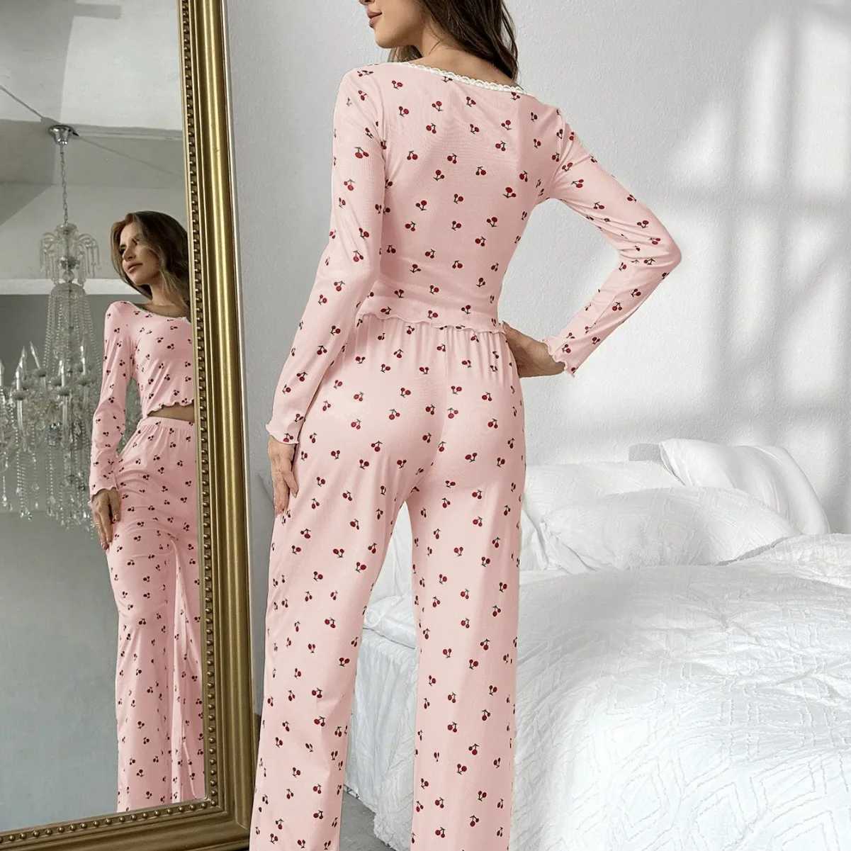 Autumn New Pajamas Women Long Sleeves Trousers Sets V-neck Cherry Print Hem Home Wear 2 PCS Home Clothes Sleepwear Z250219