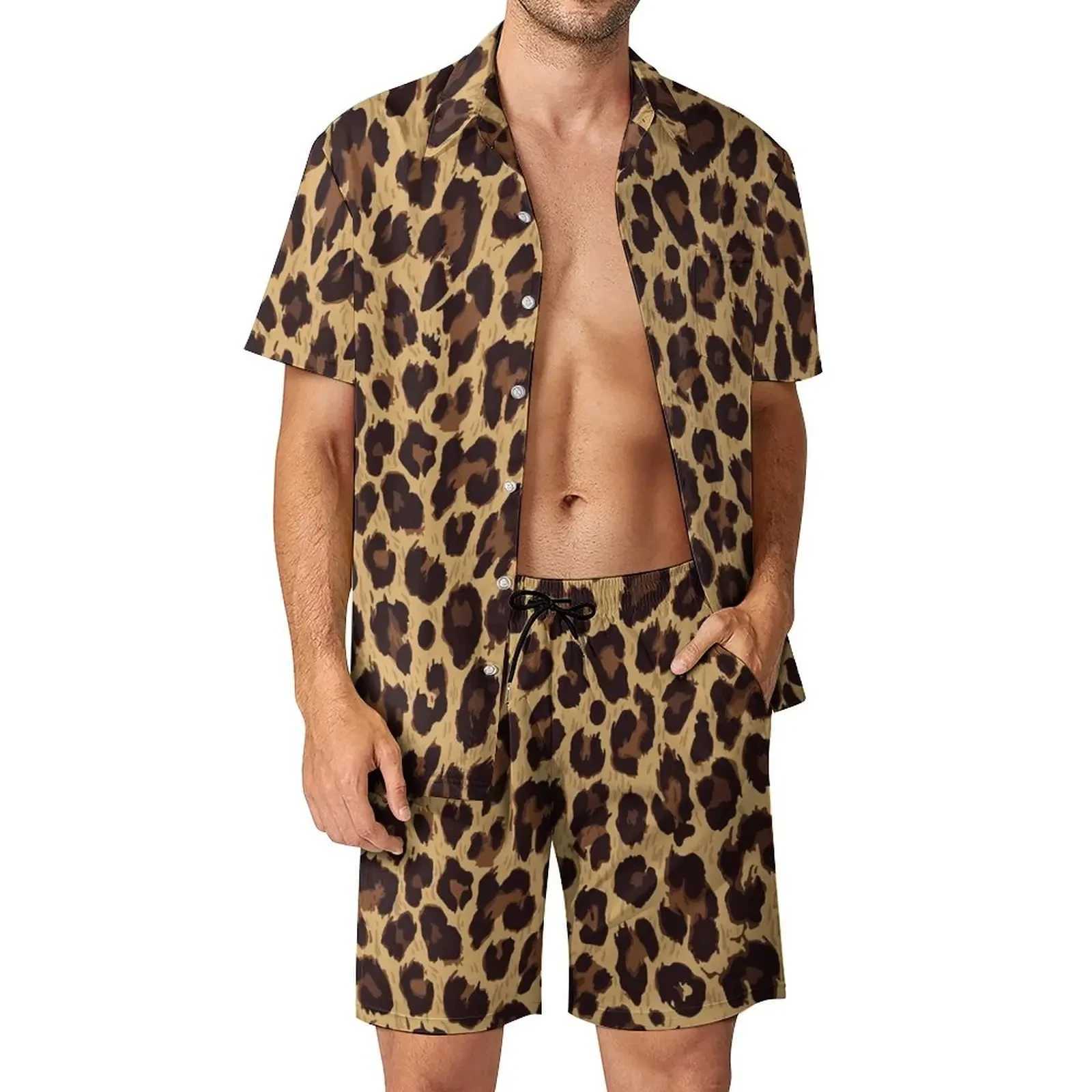 Leopard Animal Pattern Shirt 2Pcs Sets 3D Men Casual Fashion Sleeves Shirts Oversized Beach Shorts Hawaiian Streetwear SuitsXJ250218