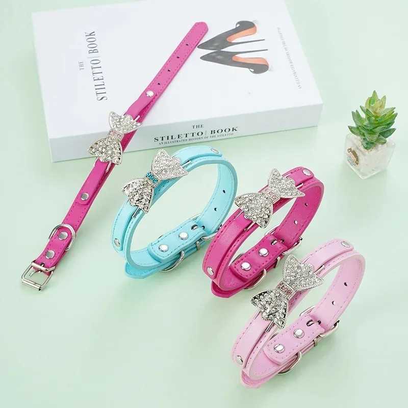 Cute PU Leather Dog Puppy Collar Bling Rhinestone Bowknot Chihuahua Collar for Small Medium Larger Dog XXS-XL Dog Accessories W250219