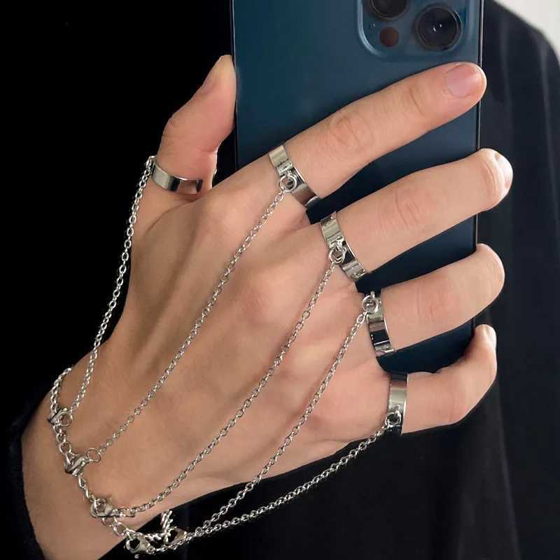 Modyle Punk Geometric Silver Color Chain Wrist Rings For Women Men Charm Hip Hop Chain Open Rings Set Couple Fashion JewelryXJ250219