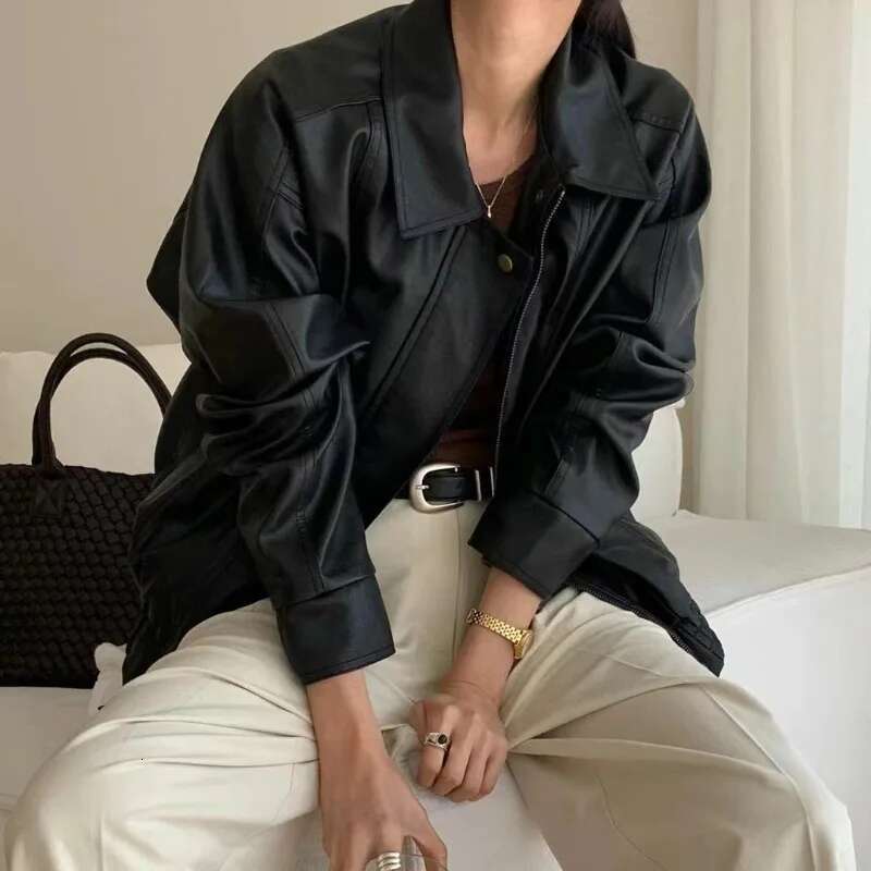 2024 New French Handsome Women Vintage Collar Zipper Loose BF Style Motorcycle Biker PU Leather Jacket Woman