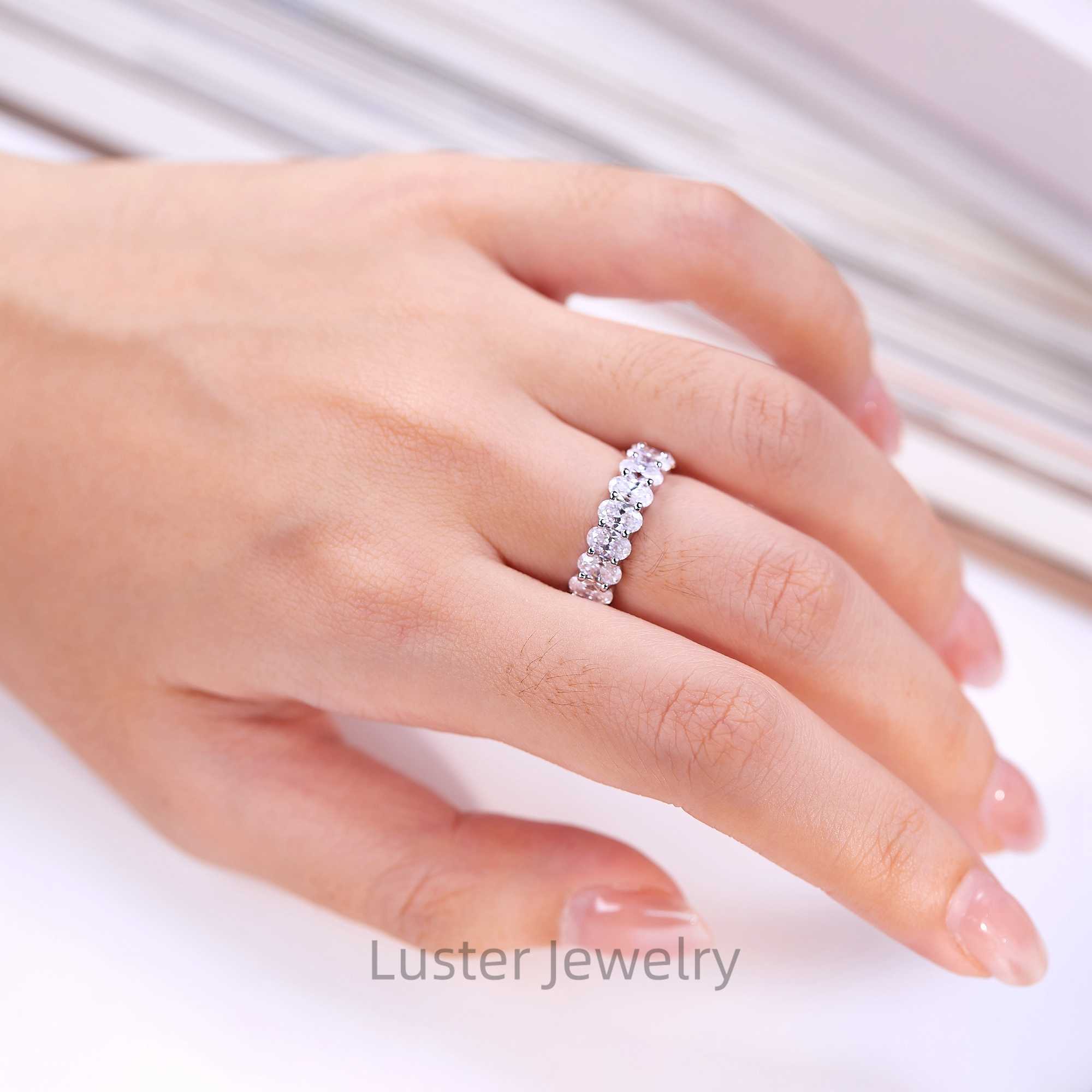 Luster 925 Sterling Silver White Gold Plated Full Moissanite Band 0.3ct/0.5ct/1ct Oval Shape Moissanite Engagement Band Ring