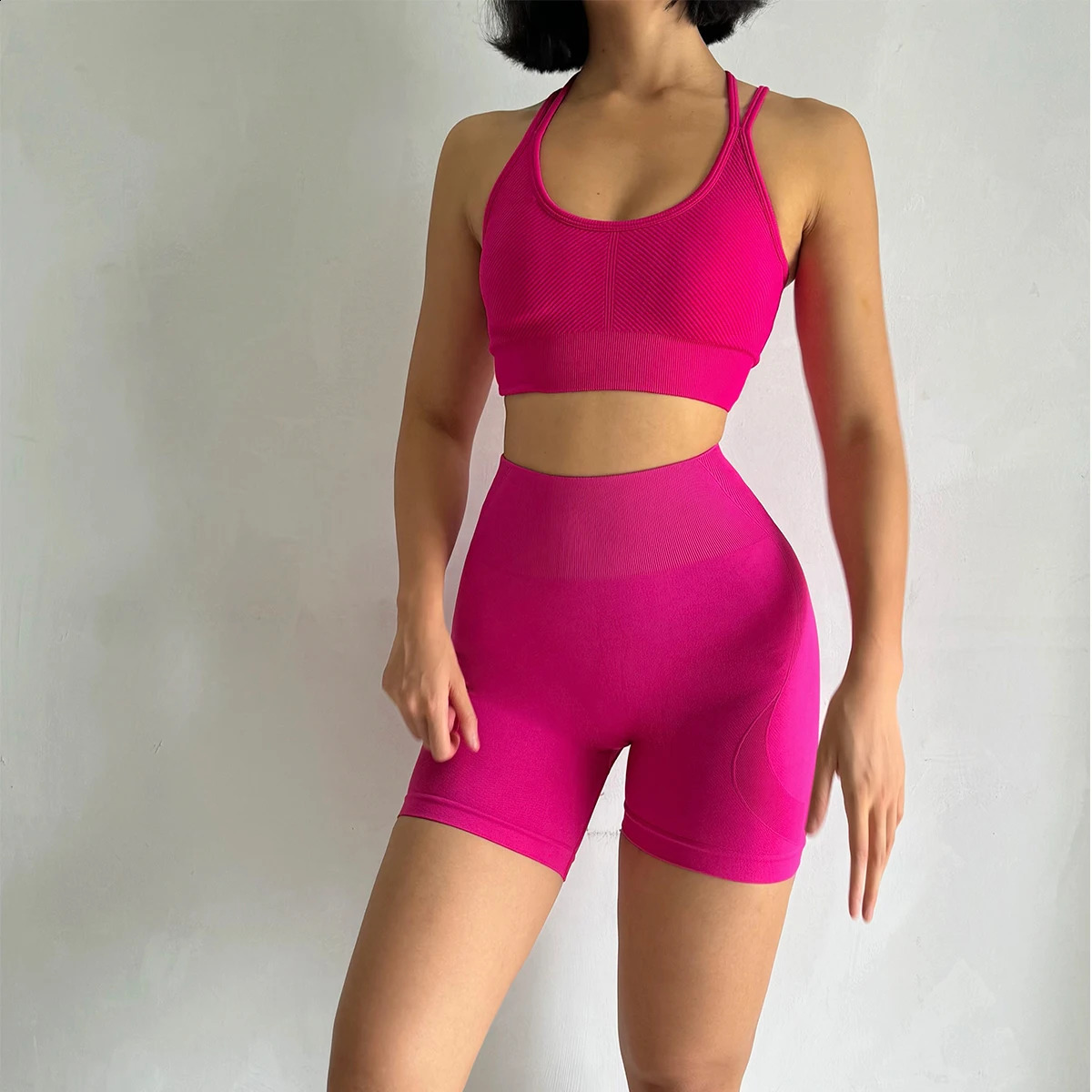 2PCS Seamless Yoga Set for Women High-Waist Butt Lifting Sportswear Workout Gym Fitness Tight Short And Sport Bra Suit 250219