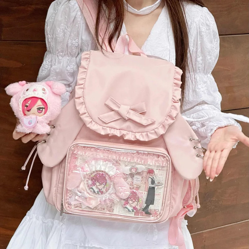 Bowkont Ruffled Japanese Y2k Backpack Transparent Pocket Lolita Bag High Capacity Preppy Style Itabag Rabbit Ear Pain Bag 250218