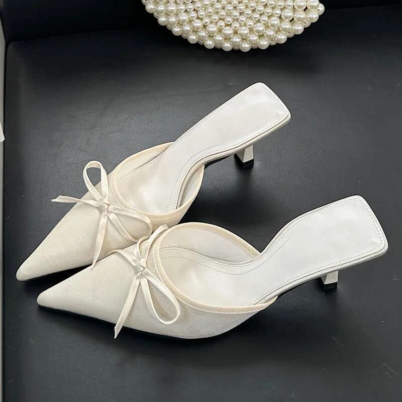 2025 Spring New Butterfly-knot Women Slipper Pointed Toe Slip On Ladies Mules Thin Low Heel Sandal Shoes atos Mujer