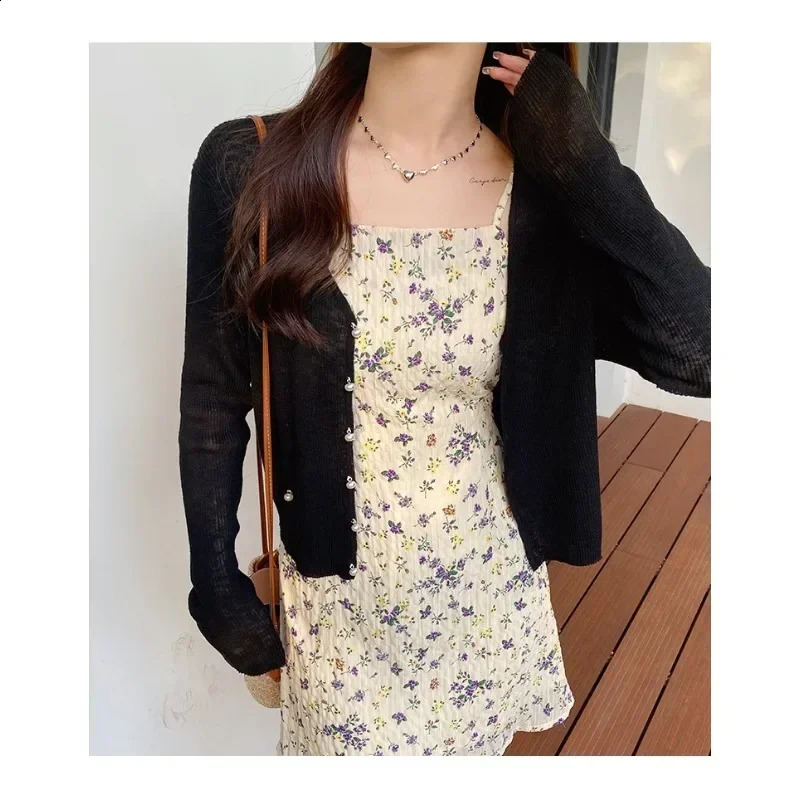 Green Ice Silk Sunscreen Knit Cardigan Outerwear Women Summer Suspender Skirt Outdoor Shawl Air Conditioning Blouse Top Thin 250217