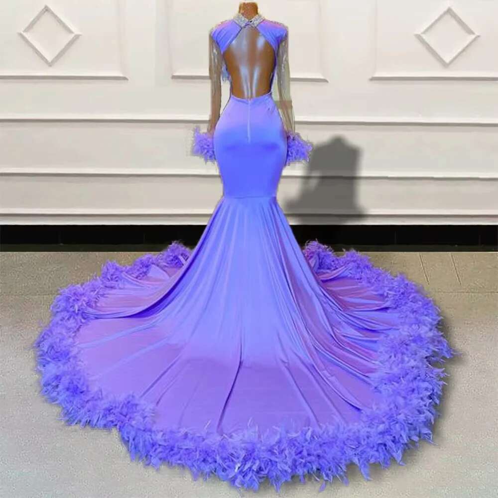 Long Sleeves Prom Black Girls Rhies Beads With Feather Formal Evening Gowns Birthday Party Gala Dresses