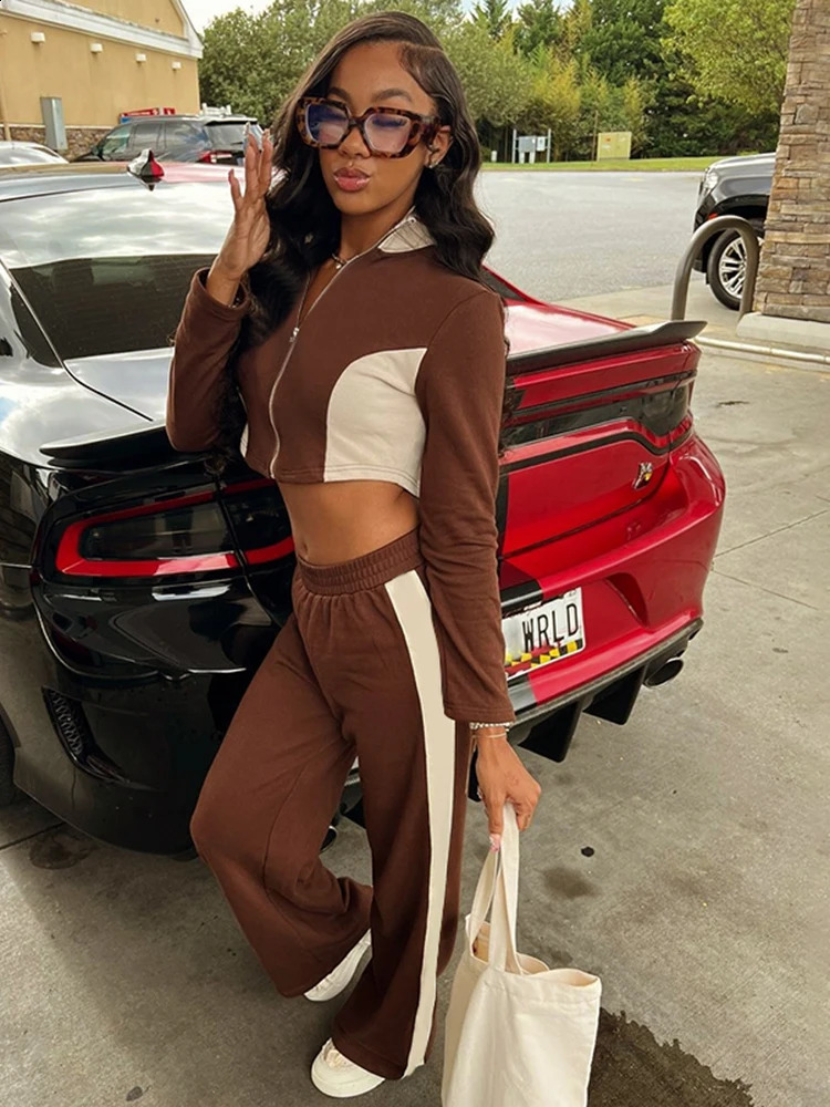 kliou Panelled Patchwork Women 2 Piece Set Fall Casual Lapel Full Sleeve Skinny Zip-up TopsOversized Straight Pants Basic Suits 250218