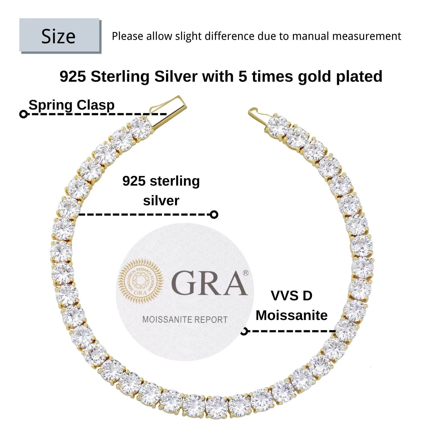 Sier Iced Out VVS Moissanite 3mm 4mm Bracelet Spring Clasp Lab Dia Tennis Chain Necklace