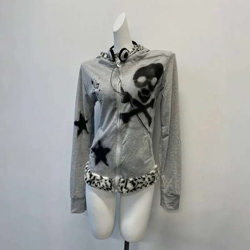 Karrram Japanese Y2k Rabbit Ears Jacket Gothic Skull Print Hooded Outerwear Vintage Haruku Zipper Sweatshirt Grunge Aesthetics
