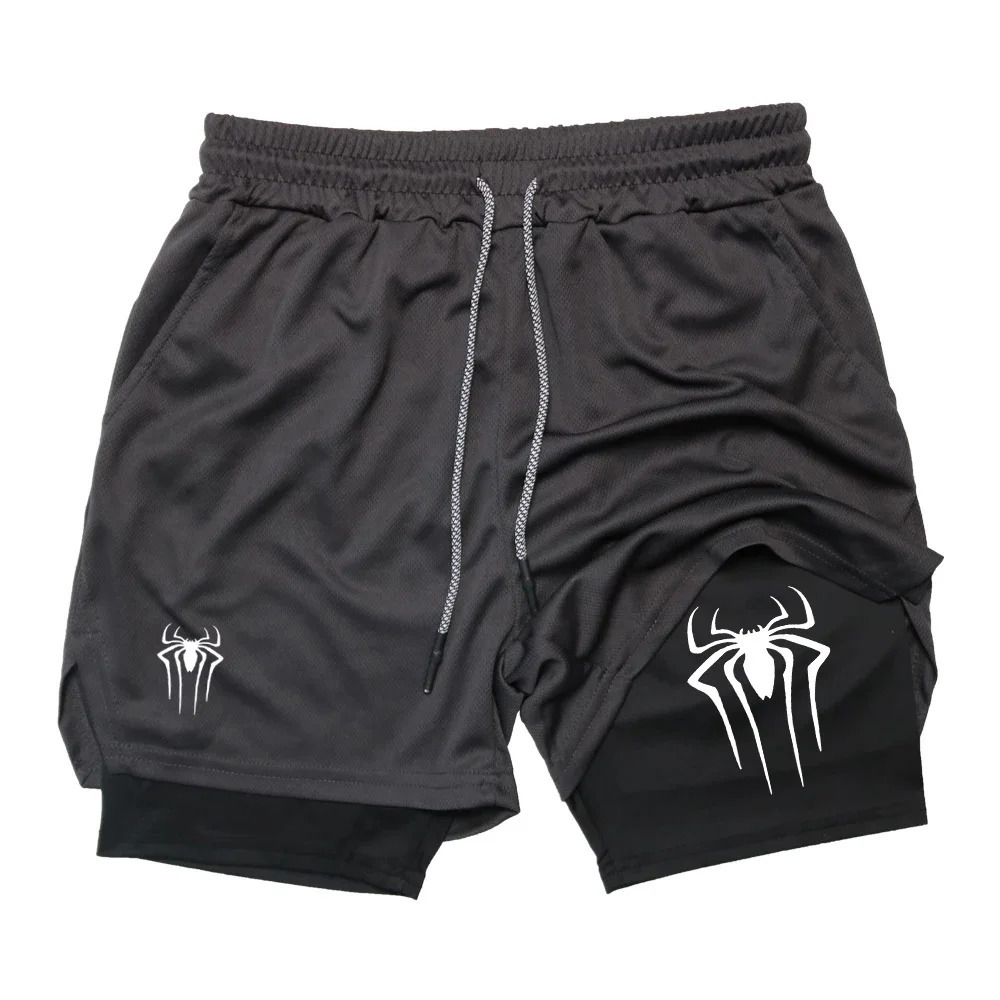 2024 Shorts for Men Summer Spider Printed GYM Casual Sports Compression Workout Running Mesh 2 in 1 Sport Short Pants 250219