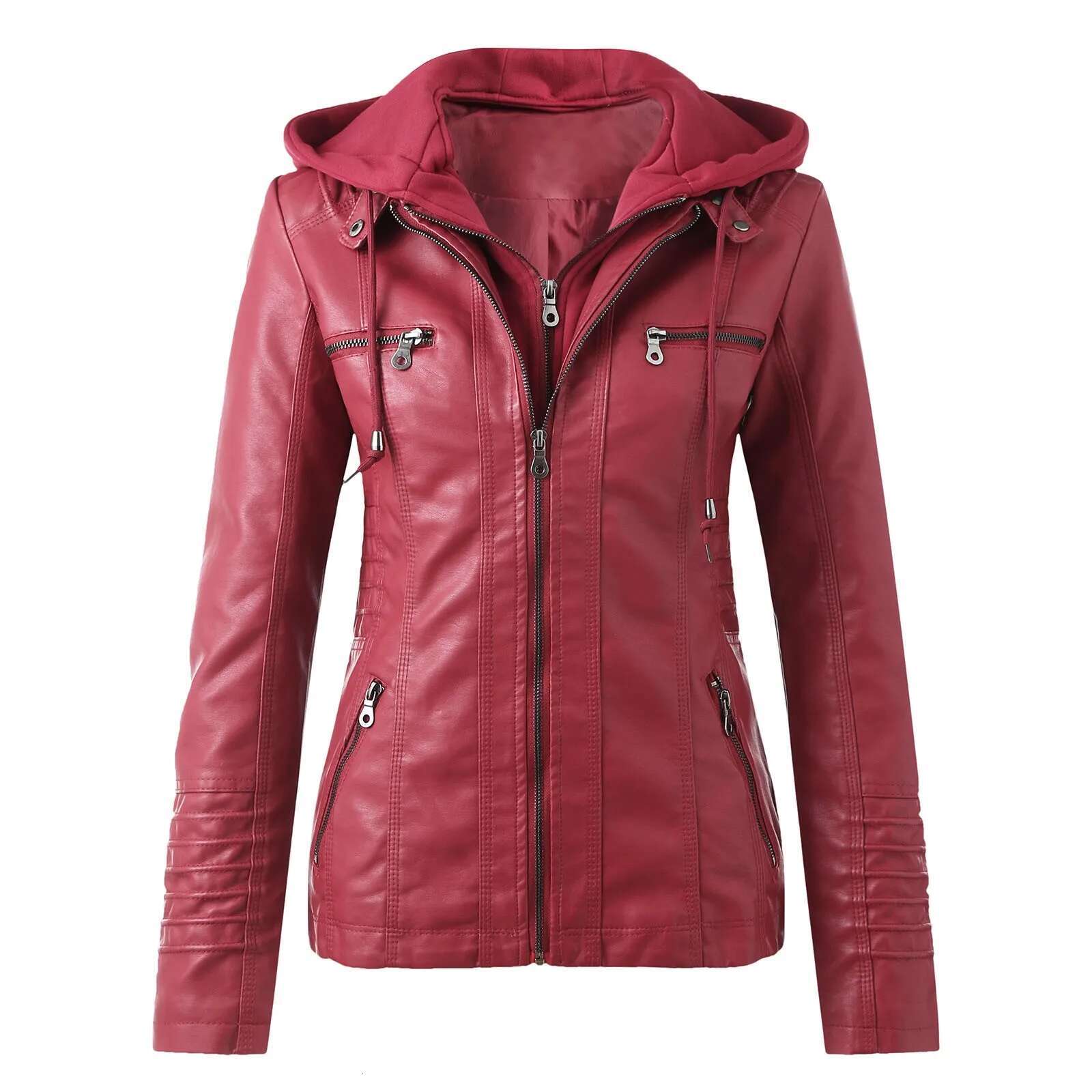 PU Women's Slim Fit Leather Hooded Zip Up Motorcycle Biker Coat Jacket Tops Long Sleeved Streetwear Clothe Autumn Winter