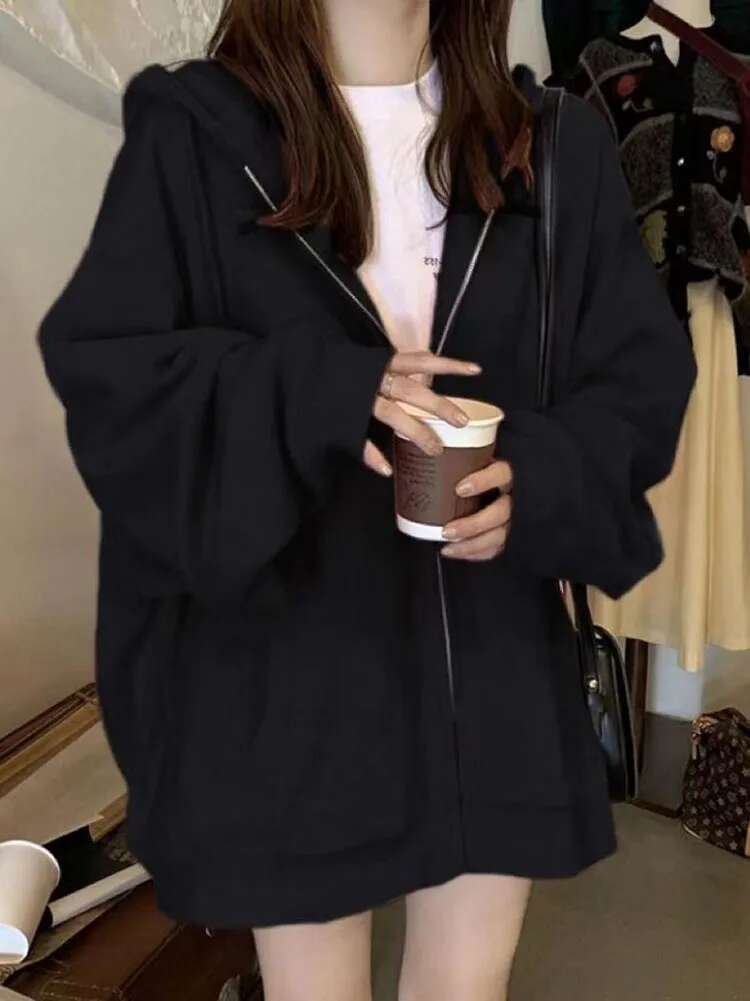 Korean Fashion Zipper Hood Sweatshirt Women Spring Long Sleeve Tops Casual Y2k Hoodies Streetwear Haruku Loose Jackets Coats