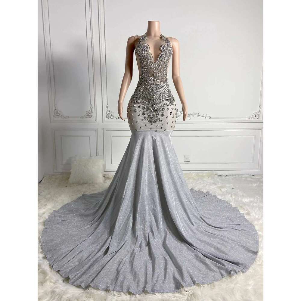 Sier Sparkly African American Long Prom Dresses For Black Girls Mermaid Beaded Crystals Women Party Evening Gown Customized