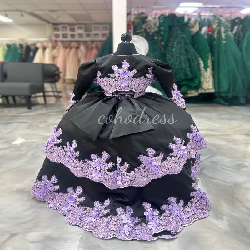 Folklorico Mexican Flower Girls Dress With Jacket 2025 Vestido Mini Quinceanera Dress Black And Lilac Mariachi Pageant Customized Personalize Birthday
