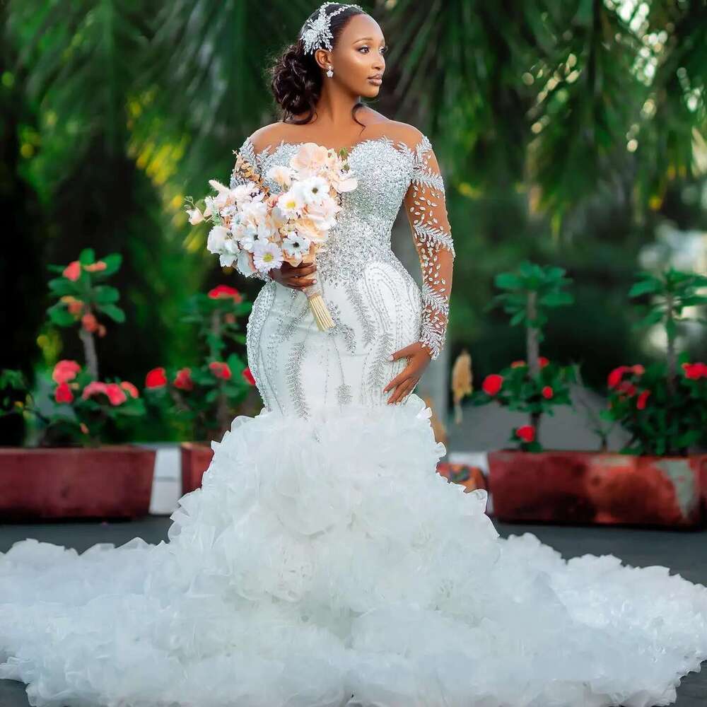 Customized Spark Crystals Rhies Garden Mermaid Wedding Dress African Long Sleeves Multi-Layered Ruffles Bridal Gowns