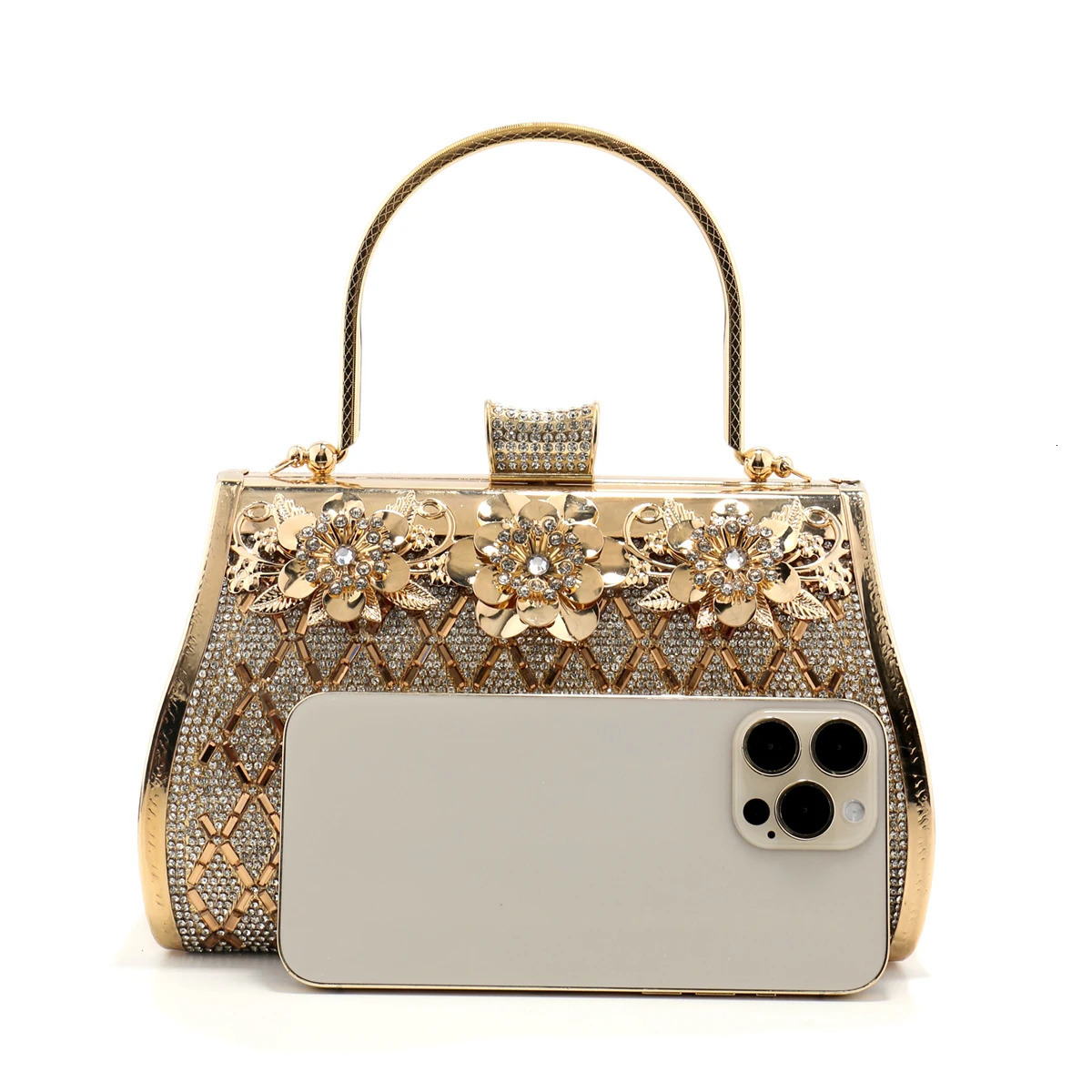 Rhinestones Bucket Women Evening Clutch Golden Metal Handle Handbags Crystal Flower Vintage Perfect n Box Holder 250218