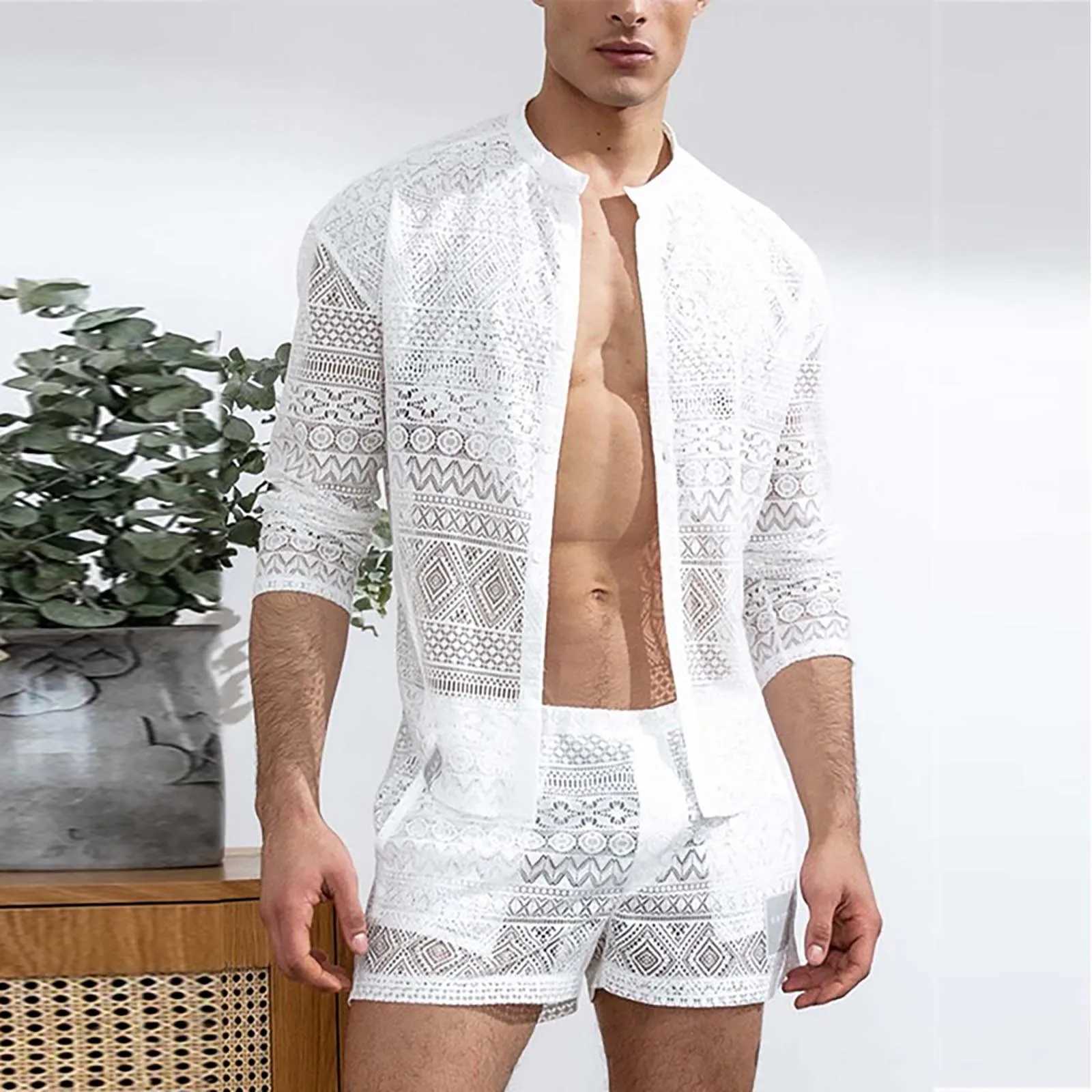 Long Sleeve Shirt set see through Fashion Suit MenS Comfort Matching Suit Summer Suit Breathable shorts Sportswear ChemiseXJ250218