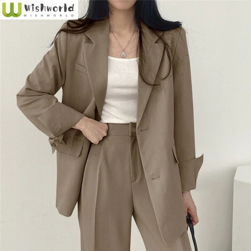 Summer Pink Jacket Blazer Casual Wide Leg Pants Two Piece Set Elegant Womens Pants Suit Office Set 250218