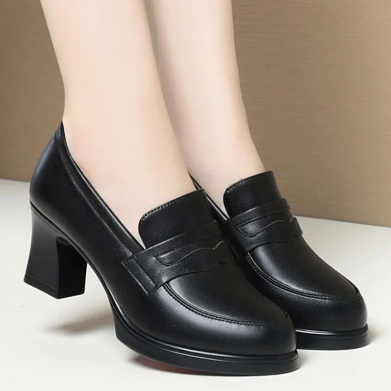Fashion Comfortable Black Soft Leather Deep Mouth Spring 2024 Block Heels Shoes Women for Office Mom Model Versatile #ddmykukumalu