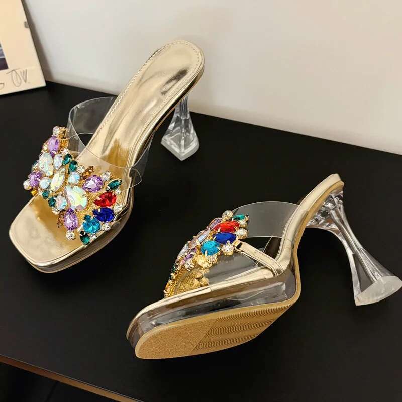 Summer Fashion PVC Transparent Square Toe Woman Slippers Crystal Clear High Heels Slides Shoes atos De Mujer