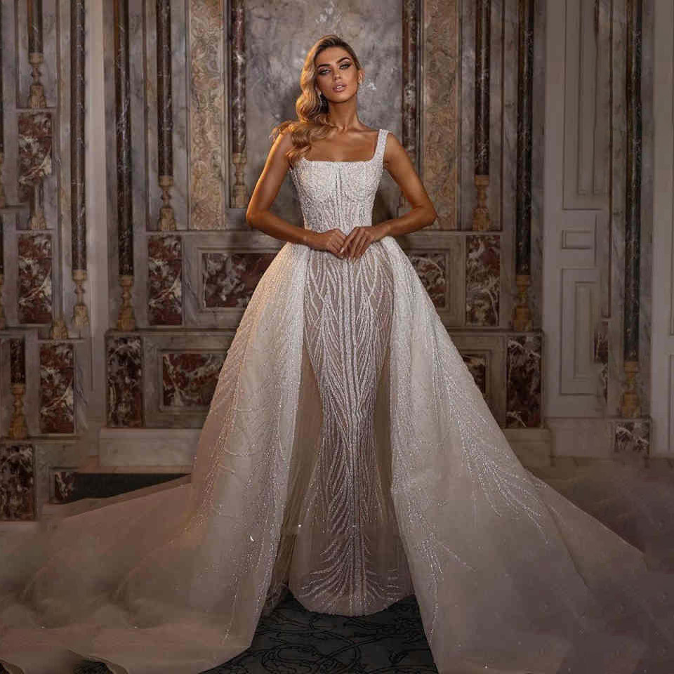 Elegant Mermaid Wedding Dresses Shine Sexy Bridal Gown Plus Size Gowns Shine Sequins Beads Detachable Tail Sequins Lace Customized Dress H25214