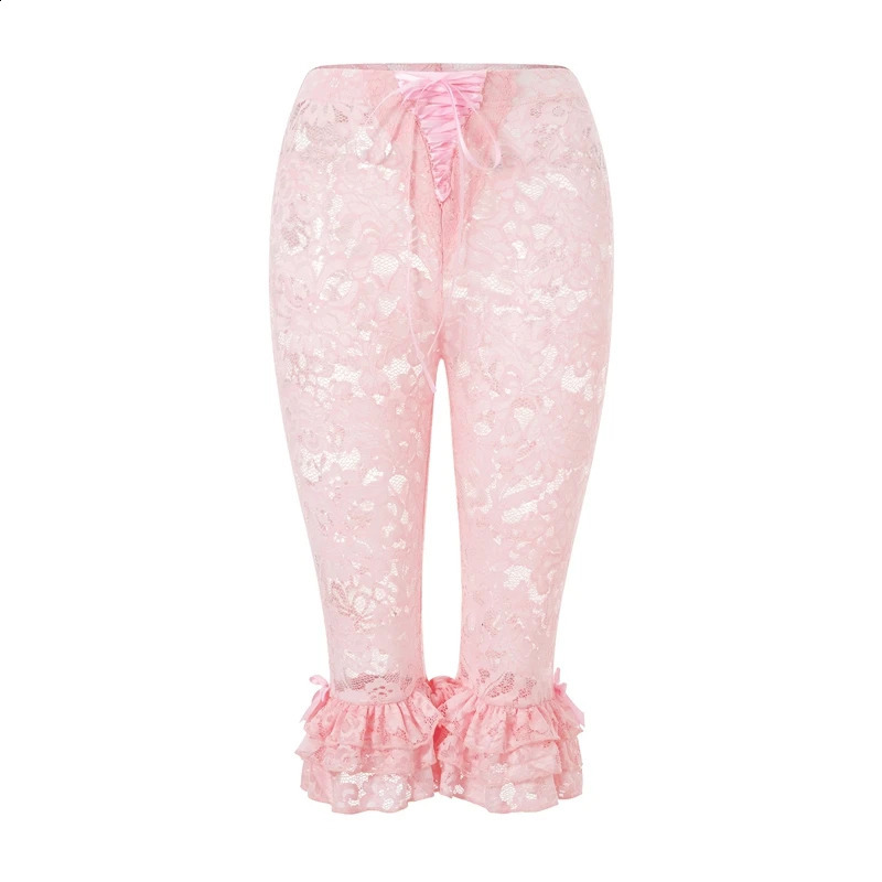 Women Floral Lace Pants Coquette See-Through High Waist Ruffles Hem Trousers Summer Casual Pants Stretch Crop Leggings 250218