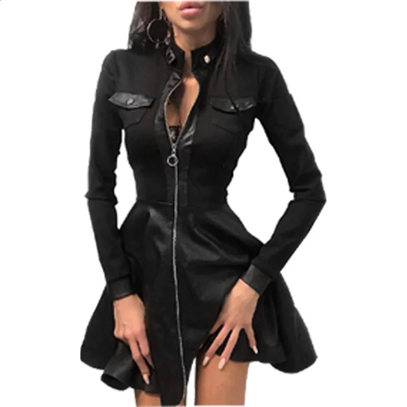 Spring Winter Long sleeved V-neck Dress Zipper pocket Womens Clothing 250218